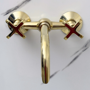 10" Ball-Center unlacquered brass wall faucet, 6" spread with cross handles – alternate view 6