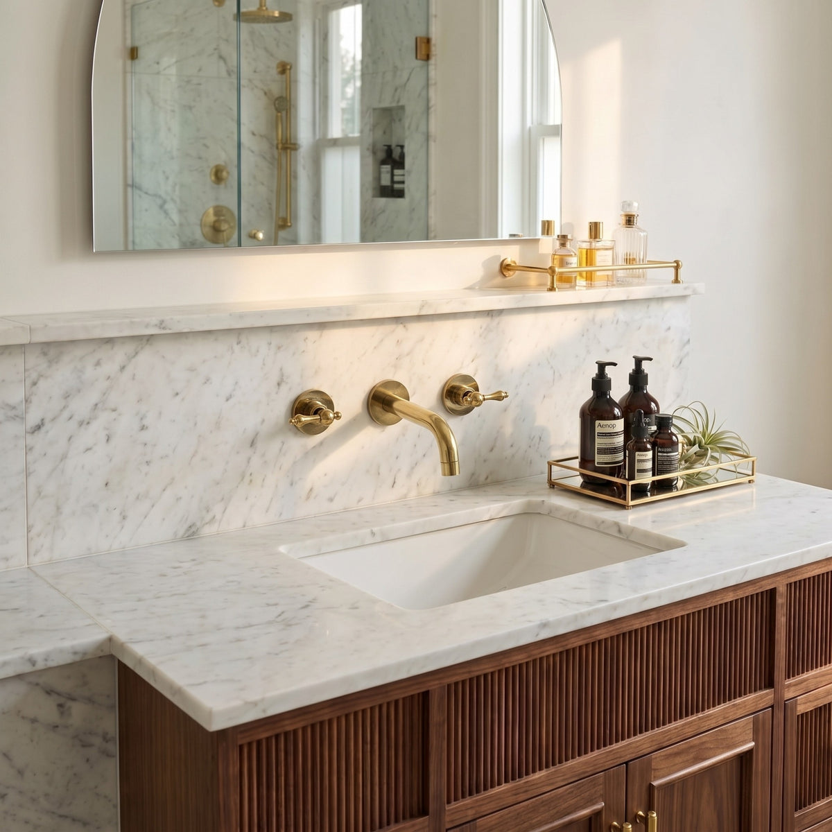 Unlacquered Brass Wall-Mount Faucet with Lever handles, Push-Up Drain & P-trap