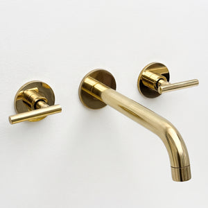 Unlacquered Brass Wall-Mount Faucet with Lever handles, Push-Up Drain & P-trap