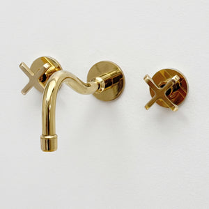 Unlacquered Brass Wall Mount Bathroom Faucet with Cross handles