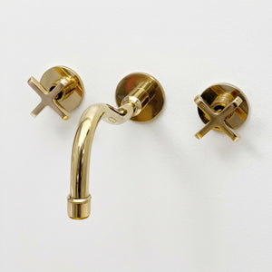 Unlacquered Brass Wall Mount Bathroom Faucet with Cross handles