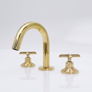 Unlacquered Brass Gooseneck Widespread Bathroom Faucet with Cross Handles – Classic Arc