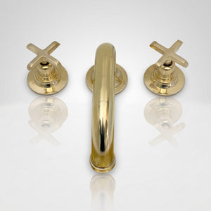 Unlacquered Brass Low-Profile Widespread Bathroom Faucet with Cross Handles