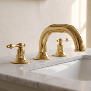 Unlacquered Brass Low-Profile Widespread Bathroom Faucet with Lever Handles