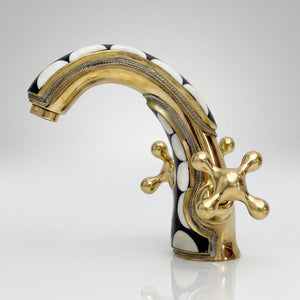 Unlacquered Brass and Resin Single Hole Bathroom Faucet with Cross Handles