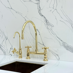 Unlacquered Brass Bridge Kitchen Faucet with Cross Handles – Tavistock – alternate view 9