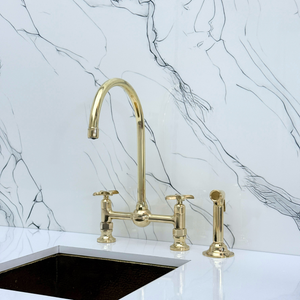 Unlacquered Brass Vintage Bridge Kitchen Faucet with Cross Handles – Montrose – alternate view 10