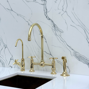 Unlacquered Brass Vintage Bridge Kitchen Faucet with Cross Handles – Montrose – alternate view 3