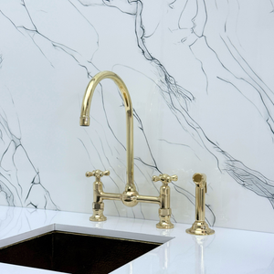 Unlacquered Brass Vintage Bridge Kitchen Faucet with Cross Handles – Montrose – alternate view 9