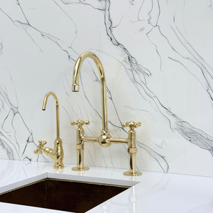 Unlacquered Brass Bridge Kitchen Faucet with Cross Handles – Regent – alternate view 9