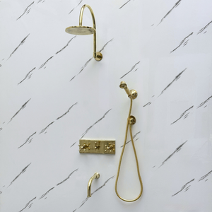 Unlacquered Brass Adjustable Flat Round Rain Shower System with Handheld & Tub Filler — Arcuate arm (UBCSS-014) — detail view 8