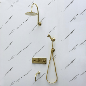 Unlacquered Brass Adjustable Flat Round Rain Shower System with Handheld & Tub Filler — Arcuate arm (UBCSS-014) — detail view 9