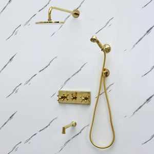 Unlacquered Brass Adjustable Round Rain Shower System with Handheld & Tub Filler — Straight arm (UBCSS-015) — detail view 8