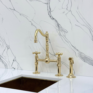 Unlacquered Brass Victorian Bridge Kitchen Faucet with Cross Handles – Kensington – alternate view 11