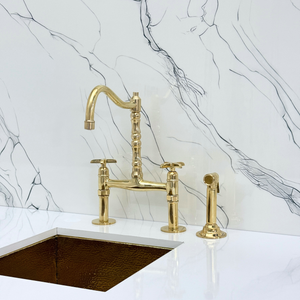 Unlacquered Brass Victorian Bridge Kitchen Faucet with Cross Handles – Beaumont – alternate view 10