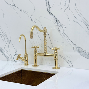 Unlacquered Brass Victorian Bridge Kitchen Faucet with Cross Handles – Beaumont – alternate view 6