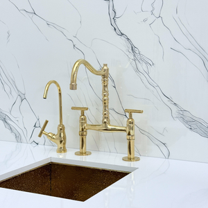 Unlacquered Brass Victorian Bridge Kitchen Faucet with Lever Handles – Beaumont – alternate view 8