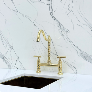 Unlacquered Brass Victorian Bridge Kitchen Faucet with Lever Handles – Alderley – alternate view 10