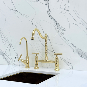 Unlacquered Brass Victorian Bridge Kitchen Faucet with Lever Handles – Alderley – alternate view 11