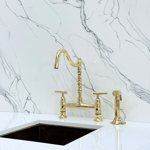 Unlacquered Brass Victorian Bridge Kitchen Faucet with Lever Handles – Alderley – alternate view 12