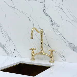 Unlacquered Brass Victorian Bridge Kitchen Faucet with Cross Handles – Finsbury – alternate view 5