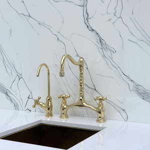 Unlacquered Brass Victorian Bridge Kitchen Faucet with Cross Handles – Finsbury – alternate view 7