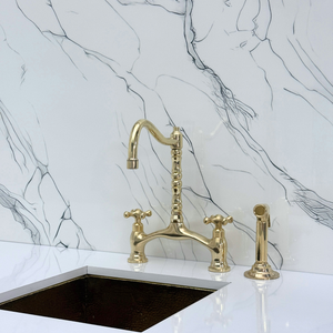 Unlacquered Brass Victorian Bridge Kitchen Faucet with Cross Handles – Finsbury – alternate view 9