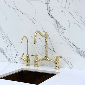 Unlacquered Brass Victorian Bridge Kitchen Faucet with Lever Handles – Finsbury – alternate view 9