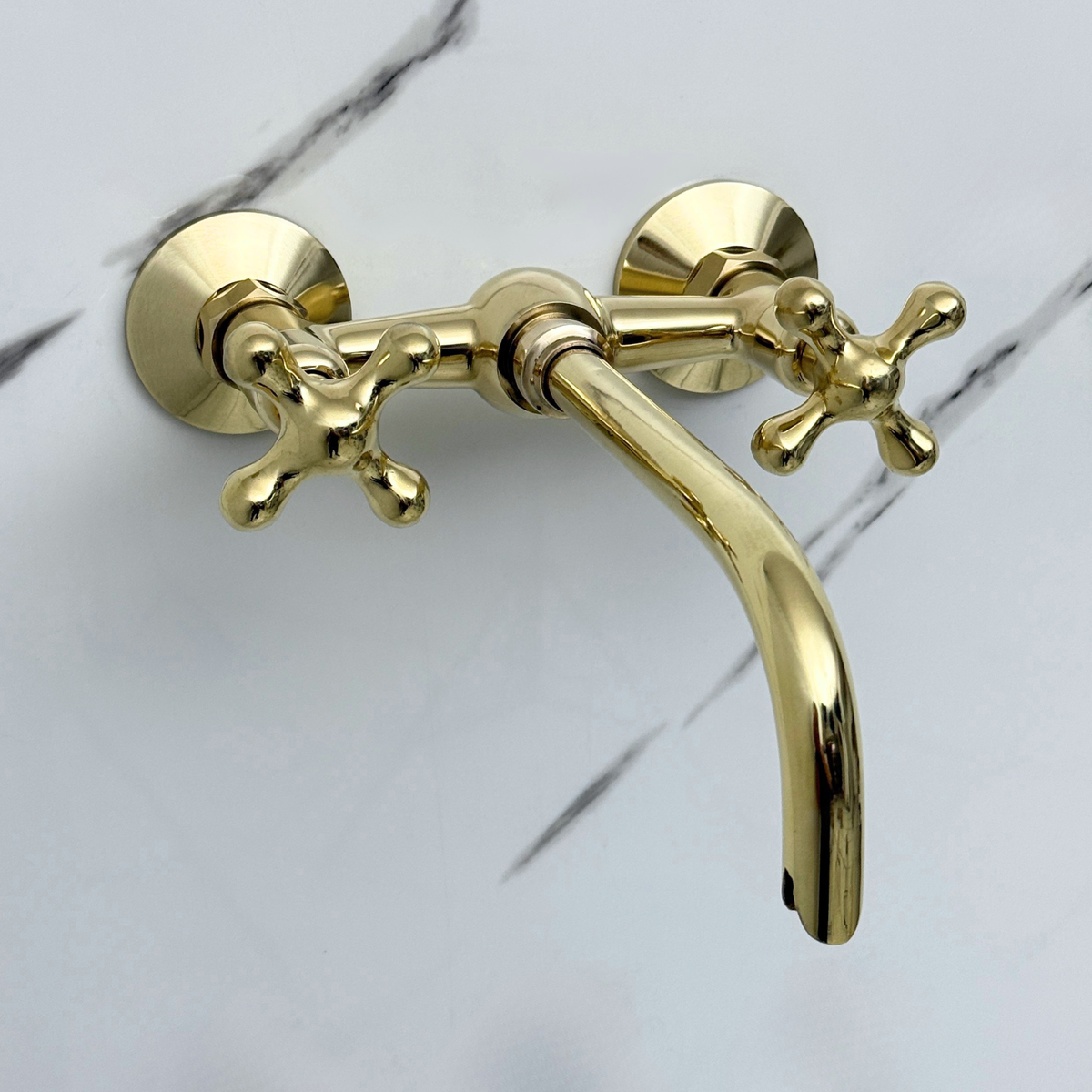 10" Ball-Center unlacquered brass wall faucet, 6" spread with cross handles – alternate view 2