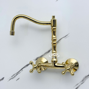 Unlacquered brass wall faucet, 10.25" high, 6" spread with cross handles – alternate view 3