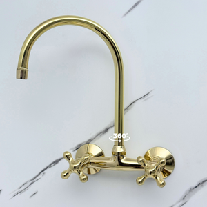 Unlacquered brass wall faucet, 11.5" high, 6" spread with cross handles – alternate view 4