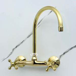 Unlacquered brass wall faucet, 11.5" high, 8" spread with cross handles – alternate view 4