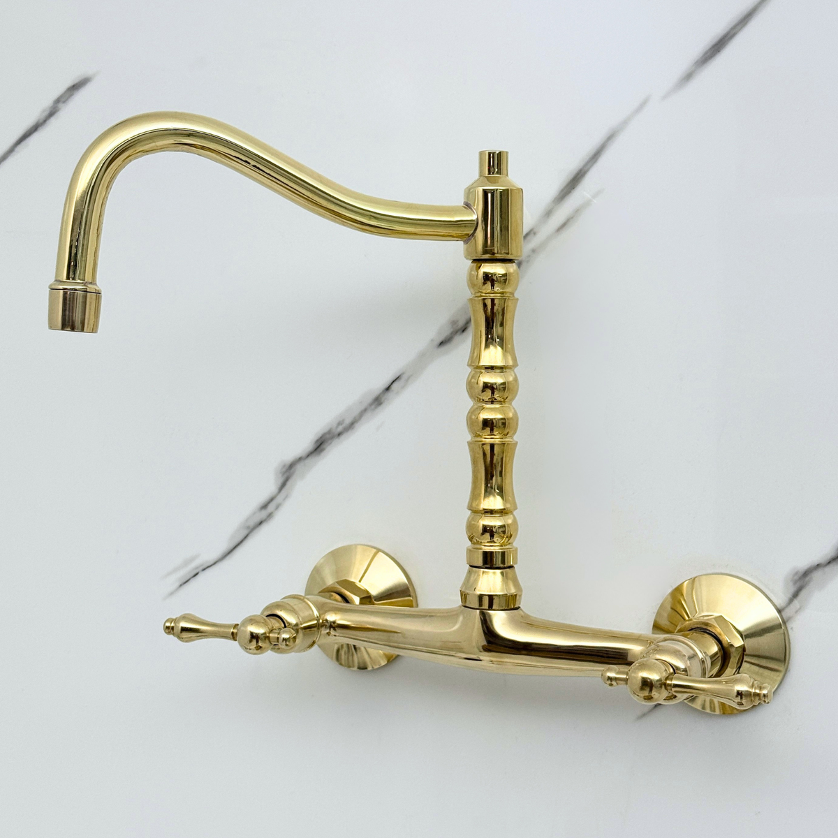 Unlacquered brass wall faucet, 10.25" high, 8" spread with lever handles – alternate view 2