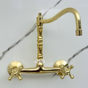 Unlacquered brass wall faucet, 10.25" high, 8" spread with cross handles – alternate view 4