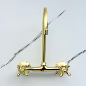 Unlacquered brass wall faucet, 11.5" high, 8" spread with cross handles – alternate view 3