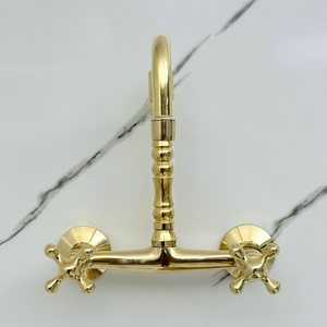 Unlacquered brass wall faucet, 10.25" high, 8" spread with cross handles – alternate view 3