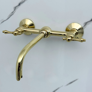 10" Ball-Center unlacquered brass wall faucet, 8" spread with lever handles – alternate view 4