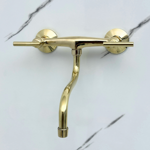 Unlacquered brass wall faucet, 10" reach, 7" drop with lever handles – alternate view 6