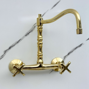 Unlacquered brass wall faucet, 10.25" high, 8" spread with cross handles – alternate view 7