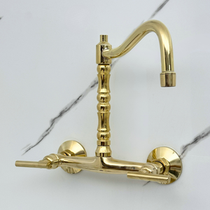 Unlacquered brass wall faucet, 10.25" high, 8" spread with lever handles – alternate view 7