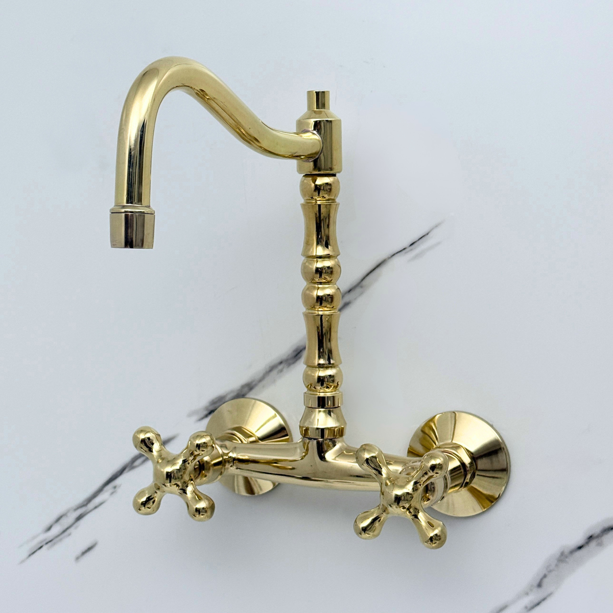 Unlacquered brass wall faucet, 10.25" high, 6" spread with cross handles – alternate view 2