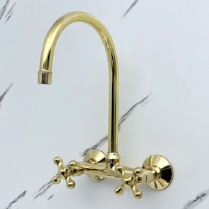 Unlacquered brass wall faucet, 11.5" high, 6" spread with cross handles – alternate view 2