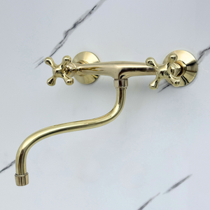 Unlacquered brass wall faucet, 10" reach, 7" drop with cross handles – alternate view 2