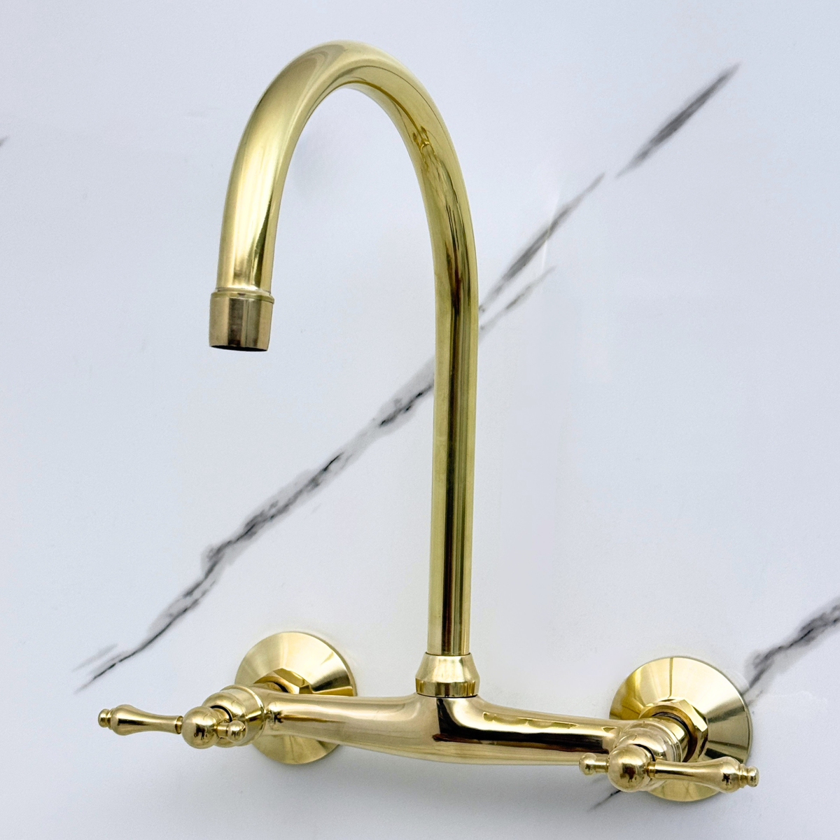 Unlacquered brass wall faucet, 11.5" high, 8" spread with lever handles – alternate view 2