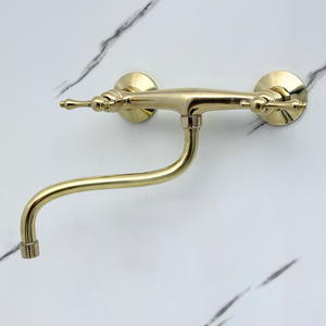 Unlacquered brass wall faucet, 10" reach, 7" drop with lever handles – alternate view 2
