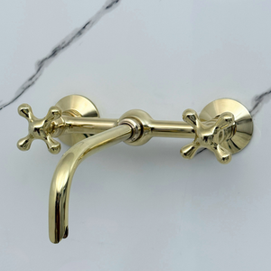10" Ball-Center unlacquered brass wall faucet, 8" spread with cross handles – alternate view 2