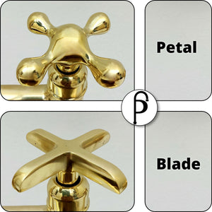 Petal and Blade cross handle options for the unlacquered brass bridge kitchen faucet