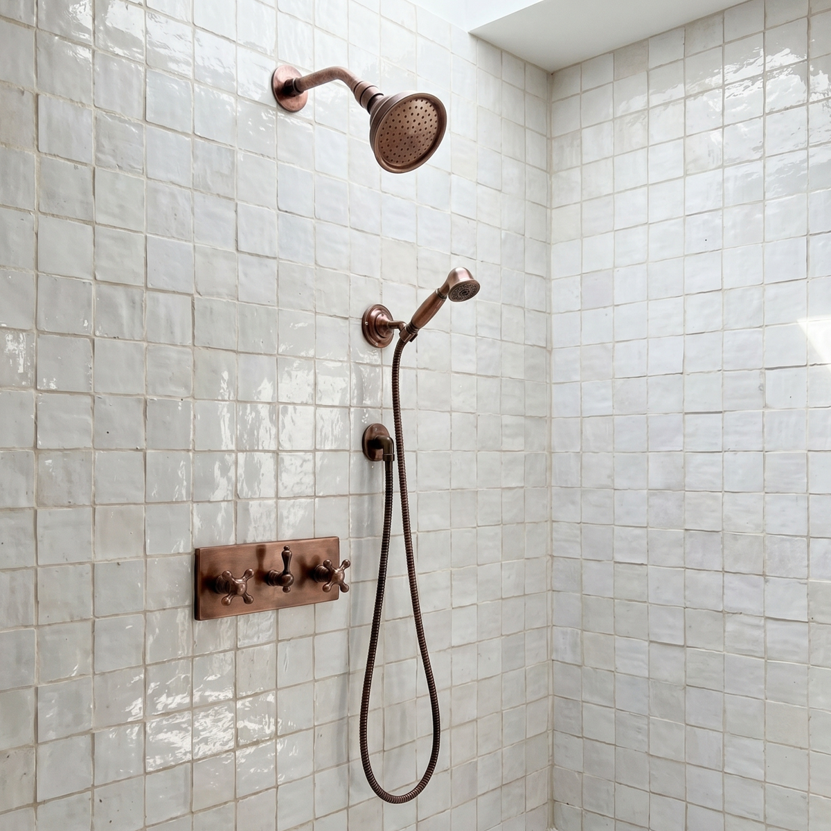 Antique Copper Adjustable Round Rain Shower System with Handheld — Short arm (ACCSS-010) — shower system overview