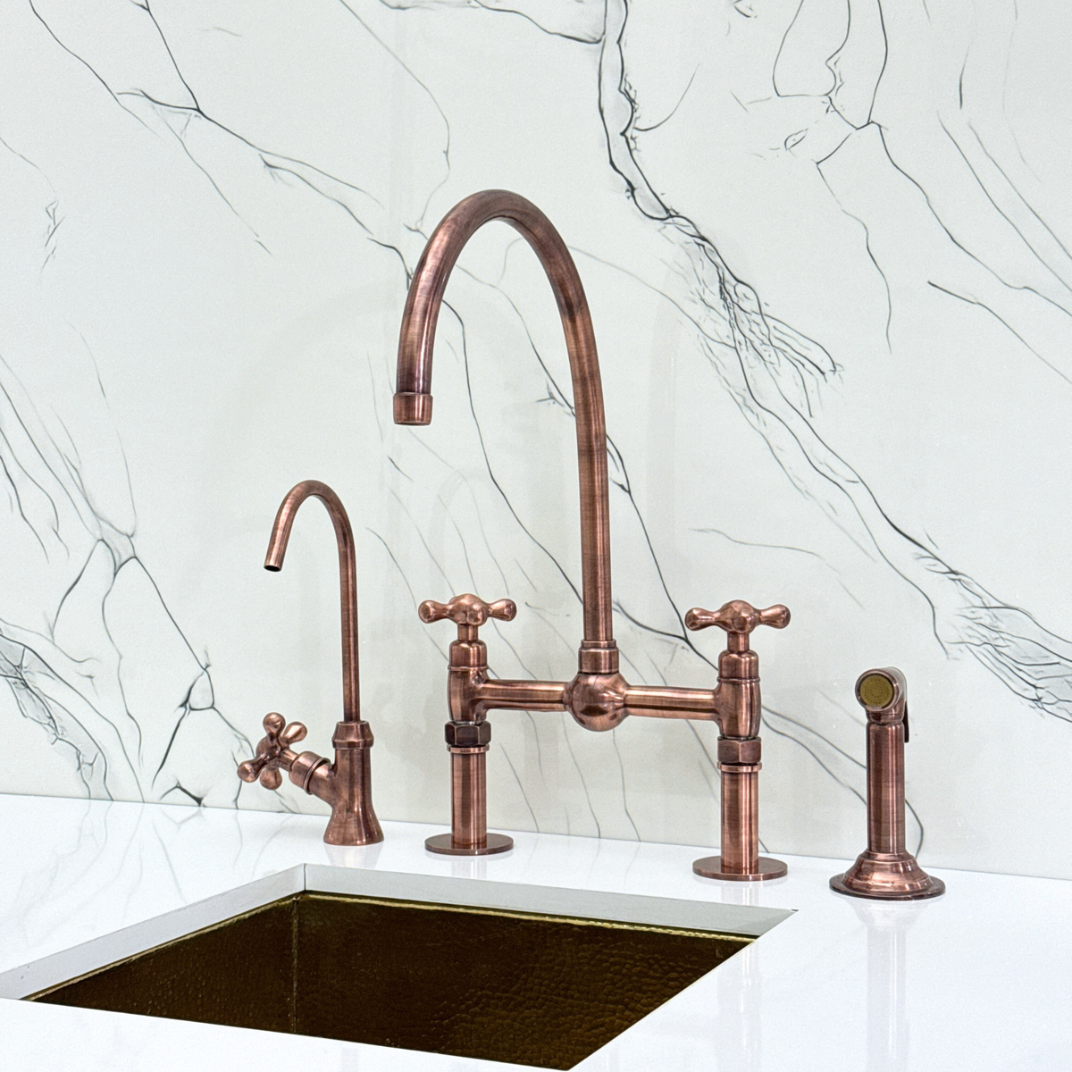 Antique Copper Bridge Kitchen Faucet with Cross Handles – Cavendish – alternate view 6