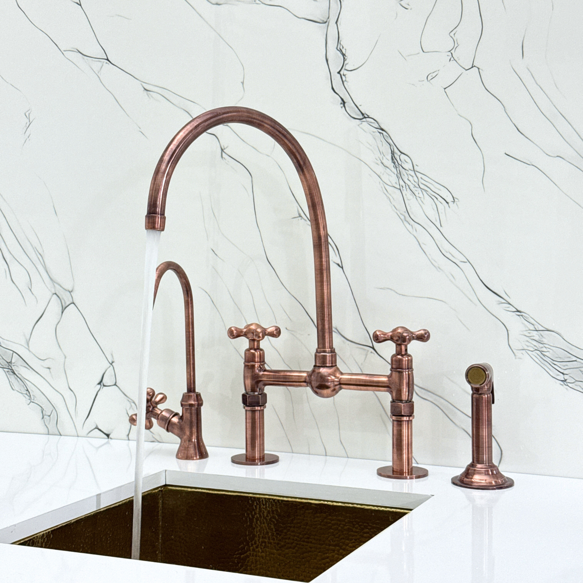 Antique Copper Bridge Kitchen Faucet with Cross Handles – Cavendish – alternate view 2